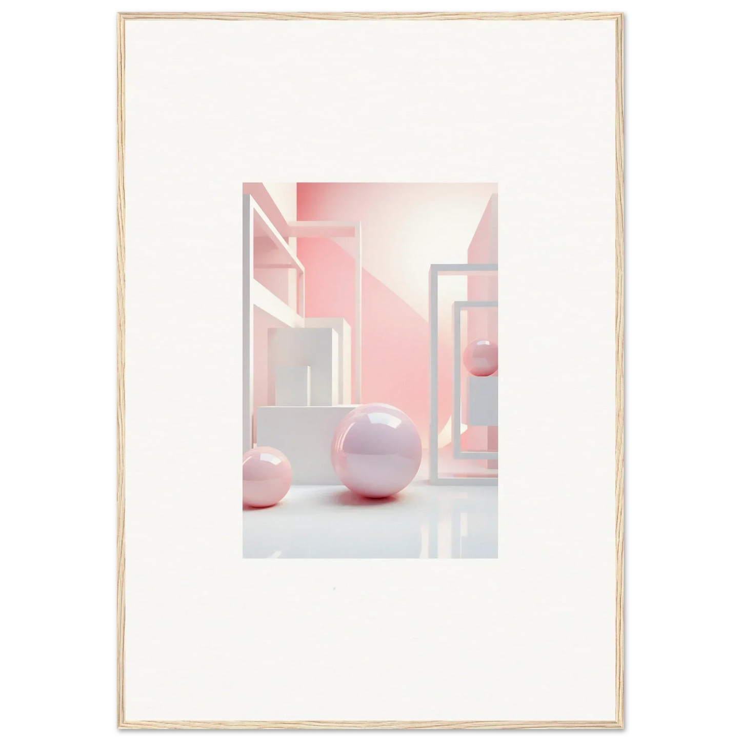 Framed abstract wall art with geometric shapes and pastel spheres for cool room decoration