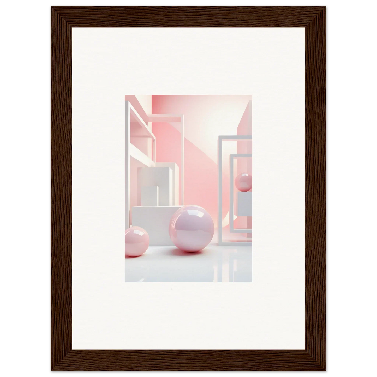 Framed abstract wall art with geometric shapes and pink spheres for cool room decoration