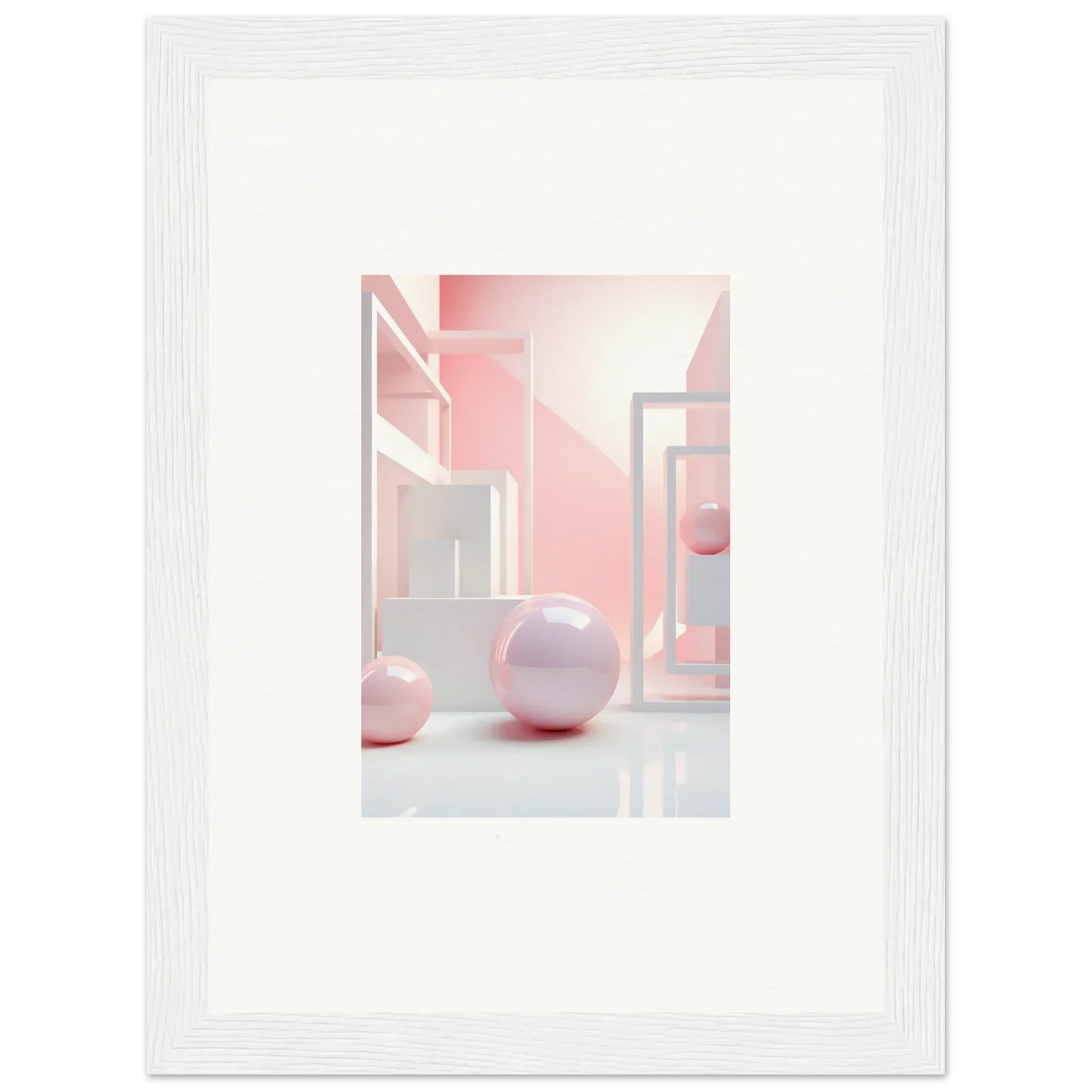 Framed abstract canvas print with geometric shapes and pink spheres for stylish room decoration