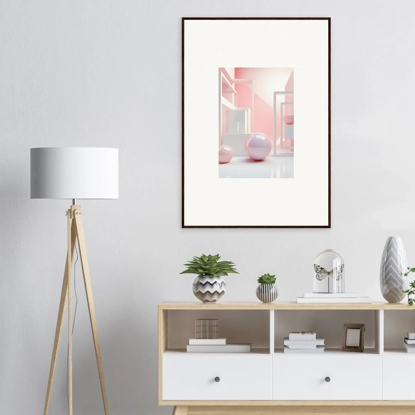 Framed abstract wall art featuring soft pink and white geometric shapes for room decoration