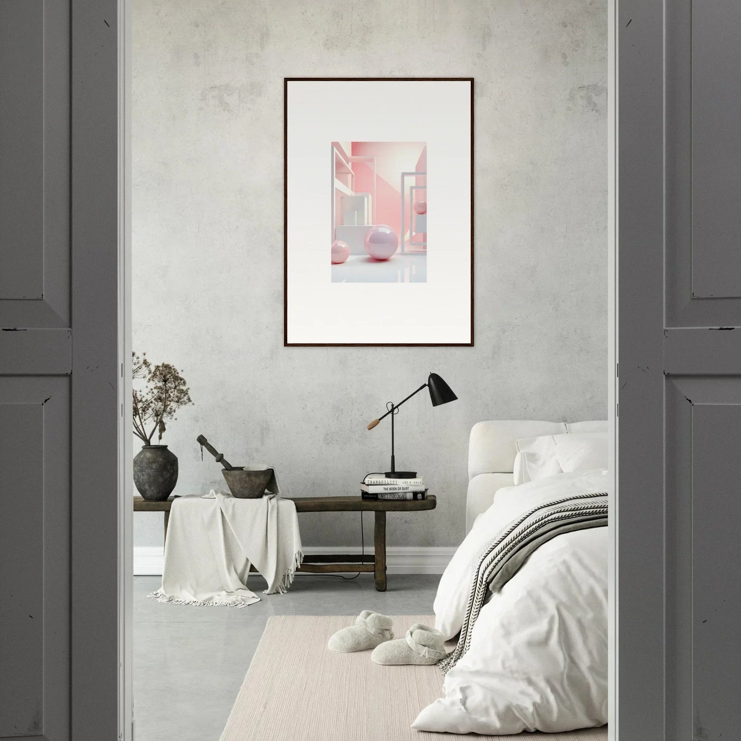 Minimalist bedroom featuring a stunning canvas print as the focal wall art centerpiece