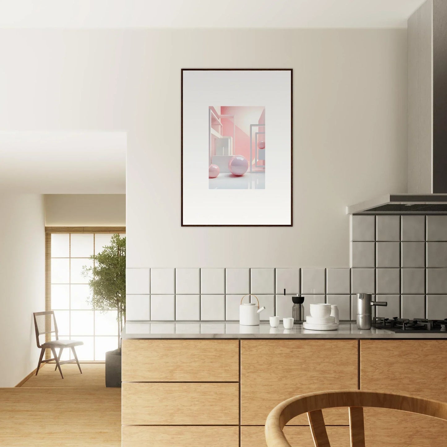 Modern kitchen with wooden cabinets and white tiles perfect for room decoration wall art