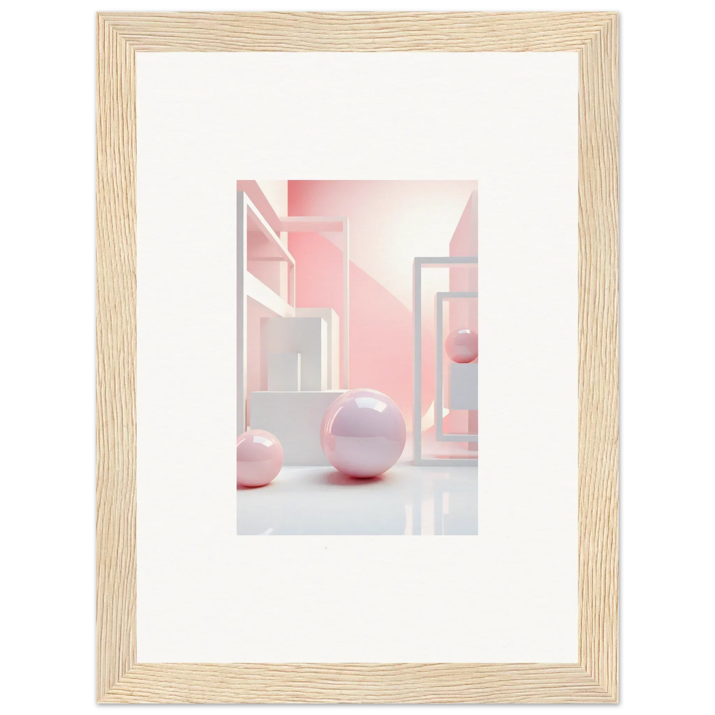 Framed abstract wall art with geometric shapes and pink spheres for stylish room decoration