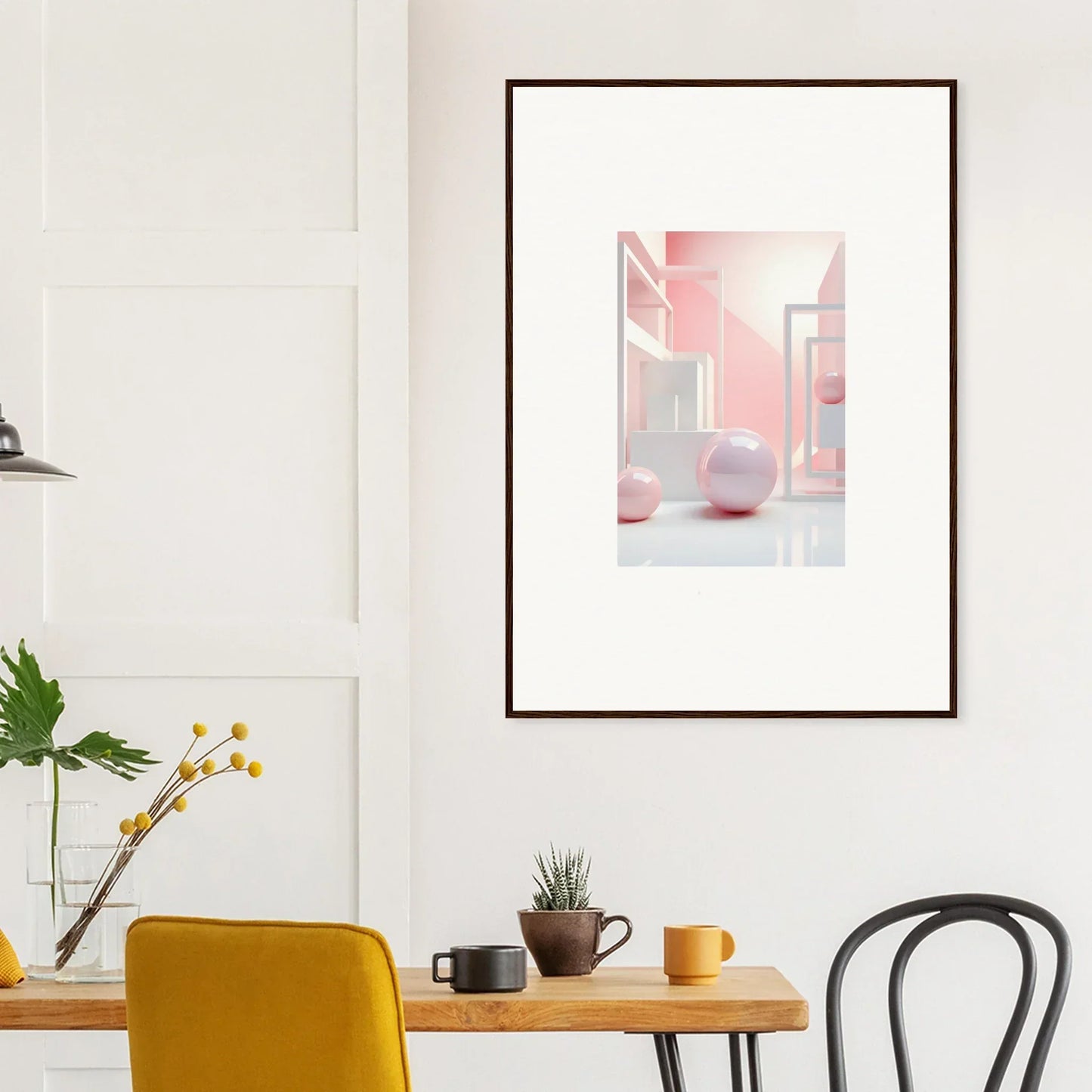 Framed canvas print of a pink architectural interior with spherical decor for wall art