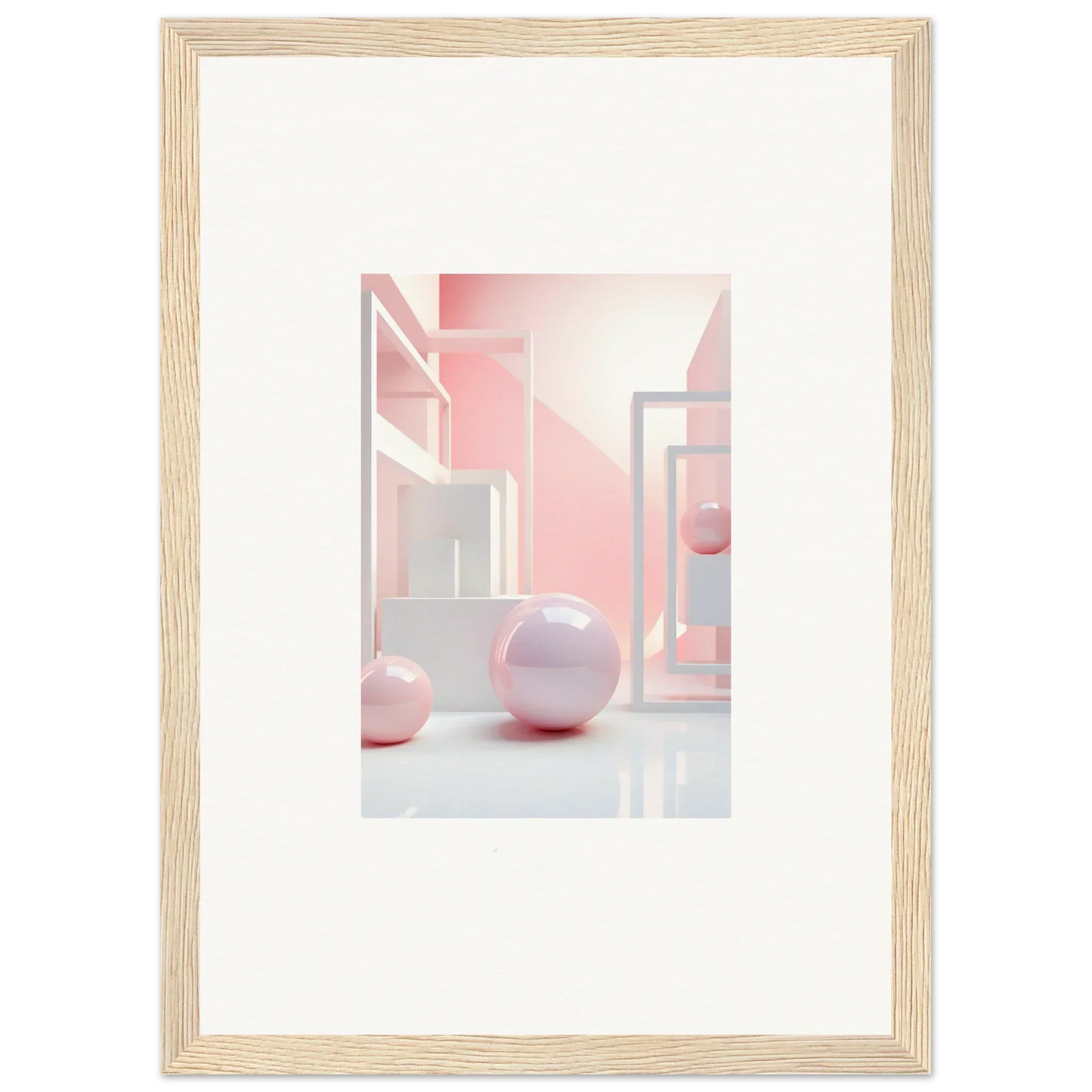 Framed abstract canvas print of geometric shapes and pink spheres for stylish room decoration