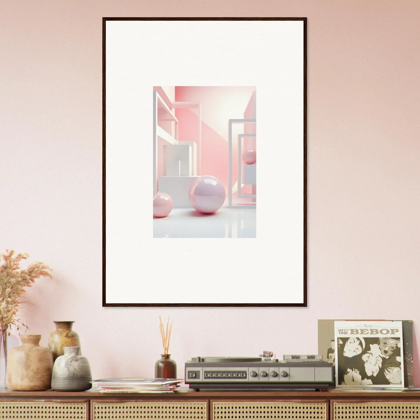 Framed abstract wall art with soft pink shapes perfect for stylish room decoration