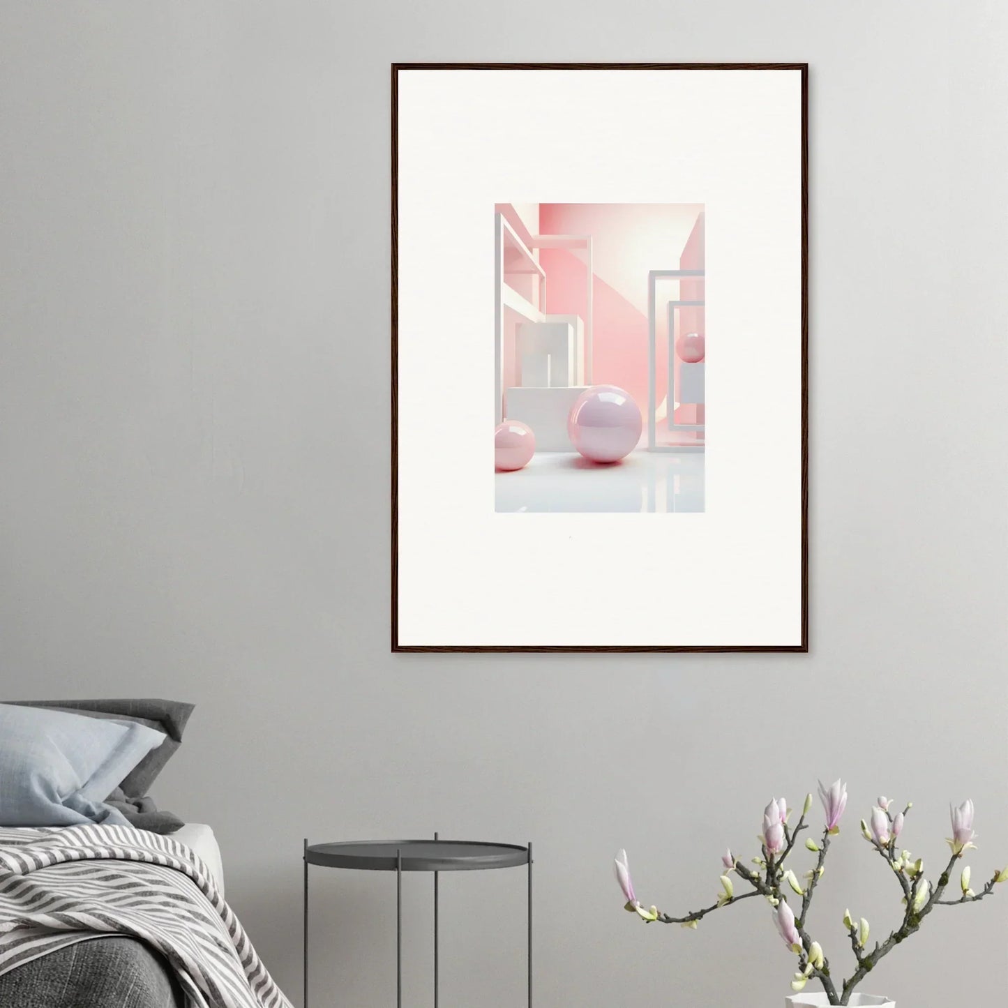 Framed canvas print of soft pink and white abstract wall art for stylish room decoration
