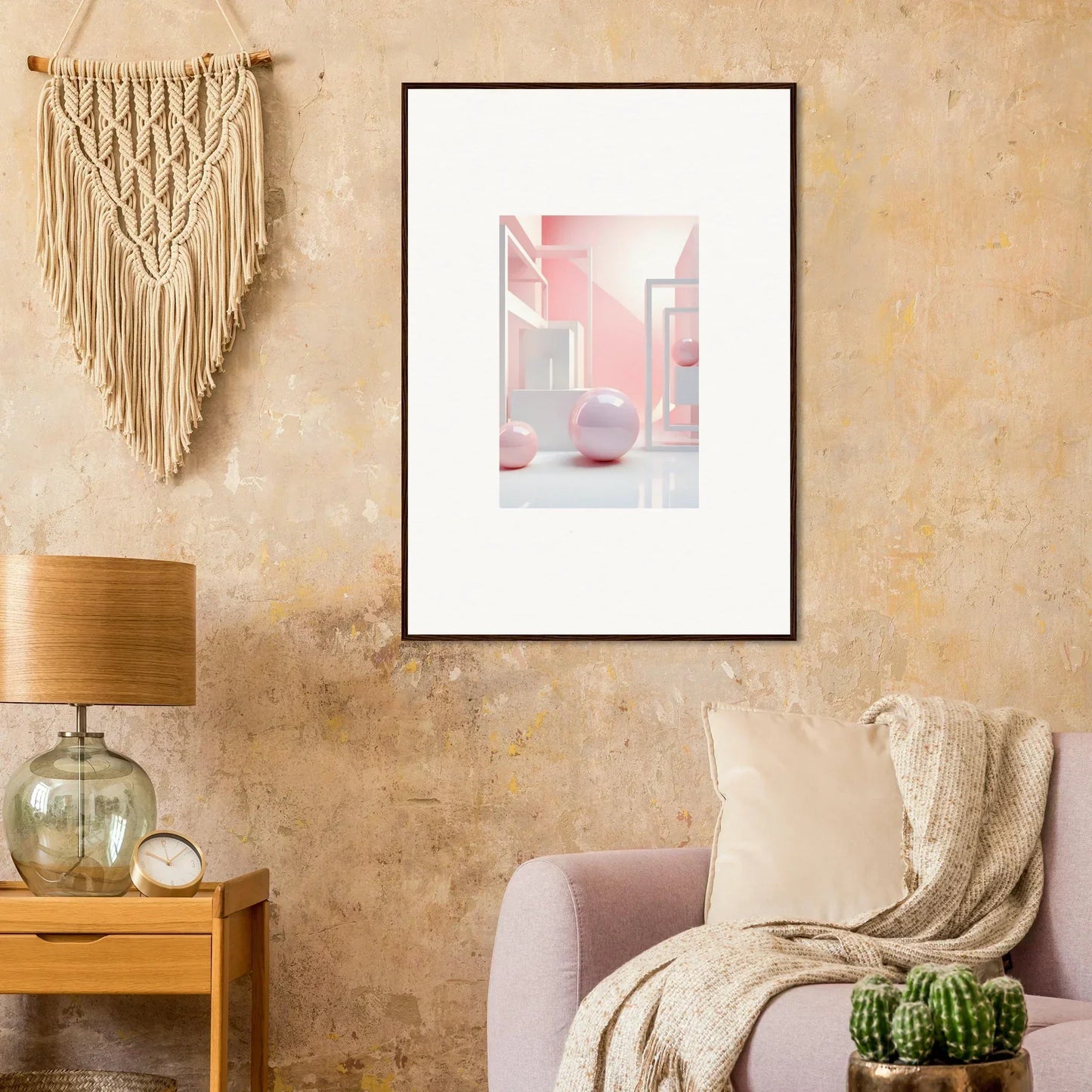 Framed abstract wall art with pink and white shapes perfect for room decoration