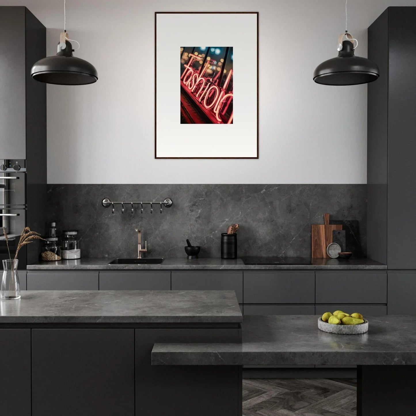 Modern dark kitchen featuring a vibrant Neon Lasid Quara canvas print as room decoration