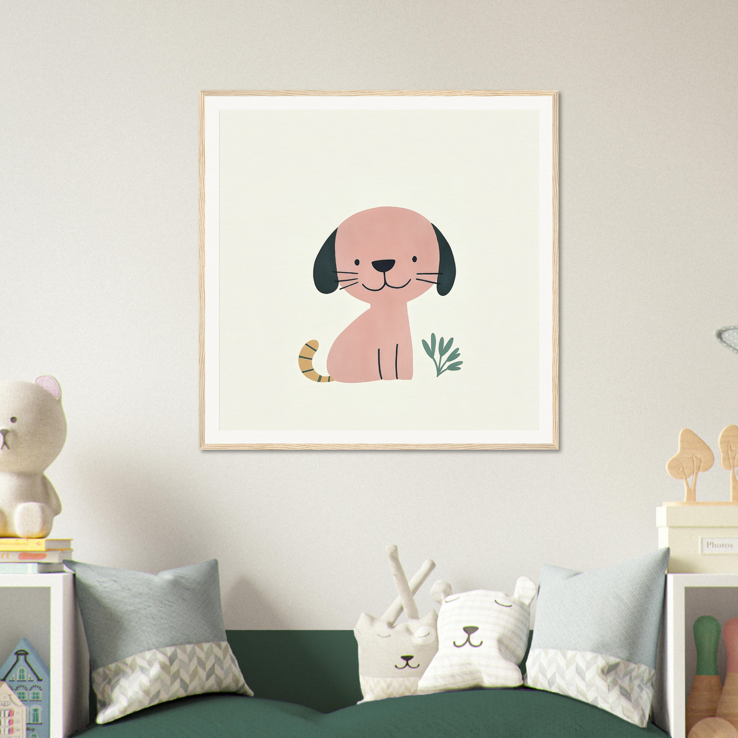 Cute cartoon pink dog with black ears next to a plant from Township Canine Yawn