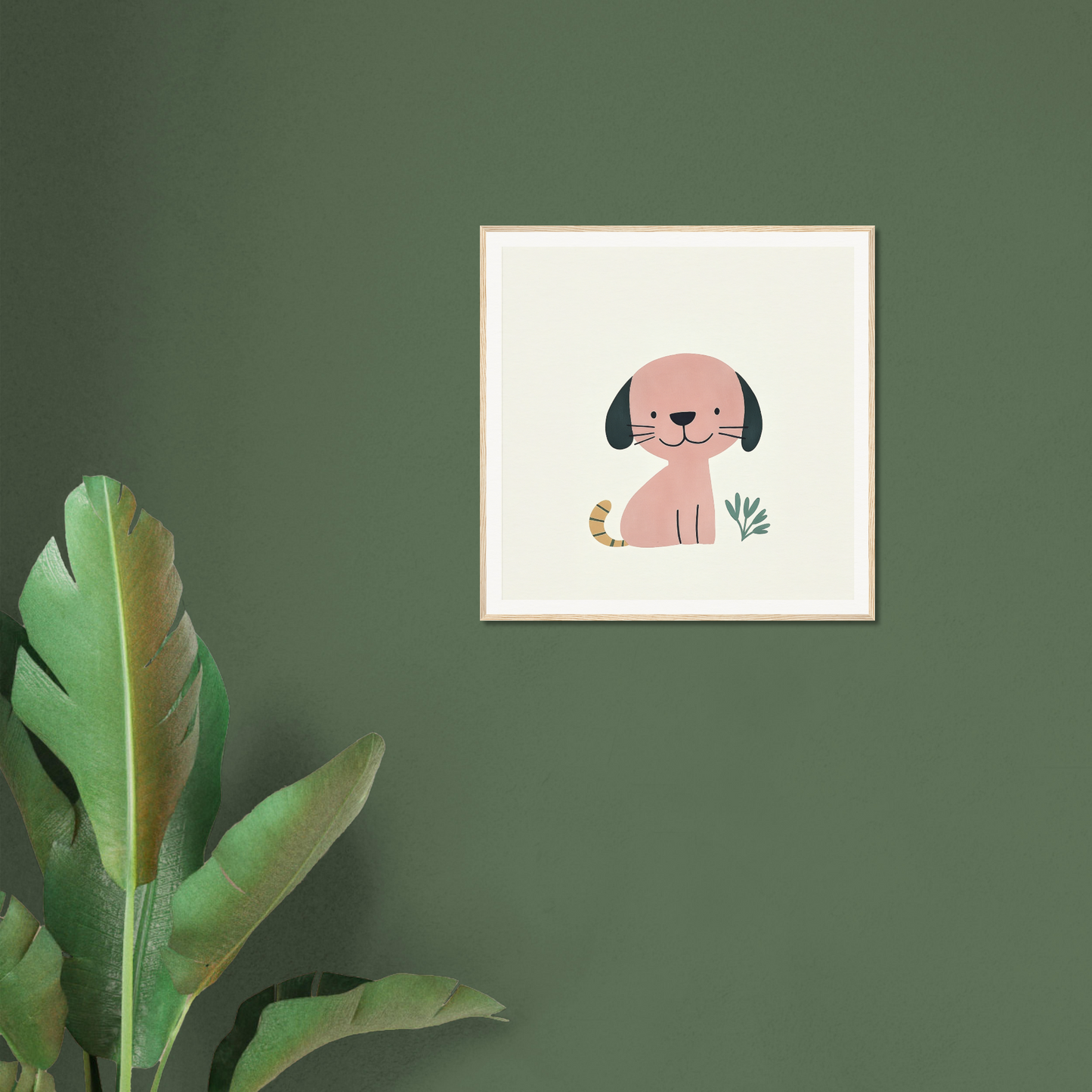 Cute pink cartoon dog with black ears beside a plant in Township Canine Yawn art