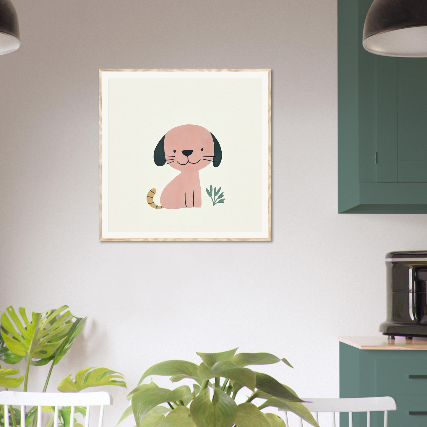 Framed illustration of a pink cartoon dog with black floppy ears for Township Canine Yawn