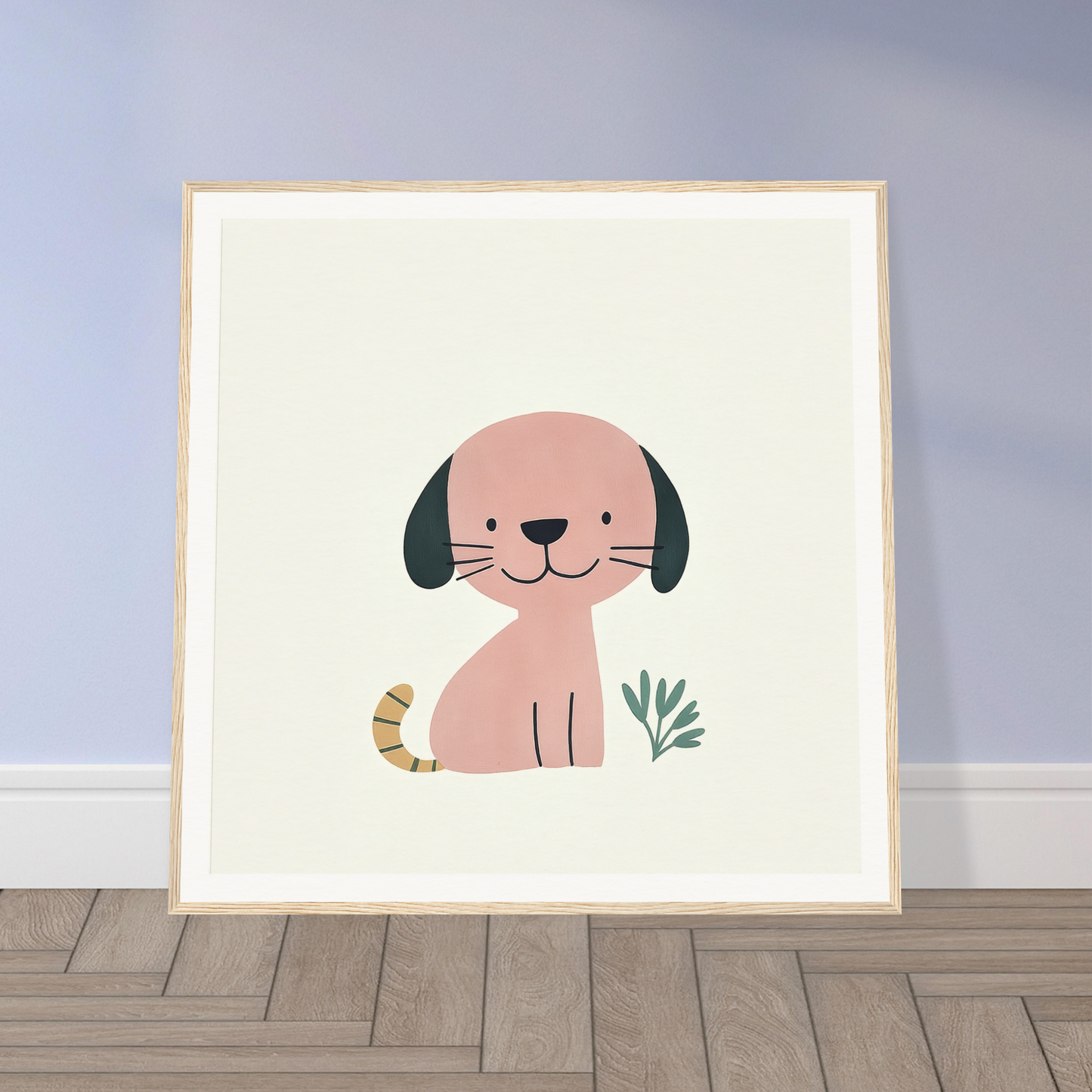 Cartoon illustration of a pink dog with black ears from Township Canine Yawn