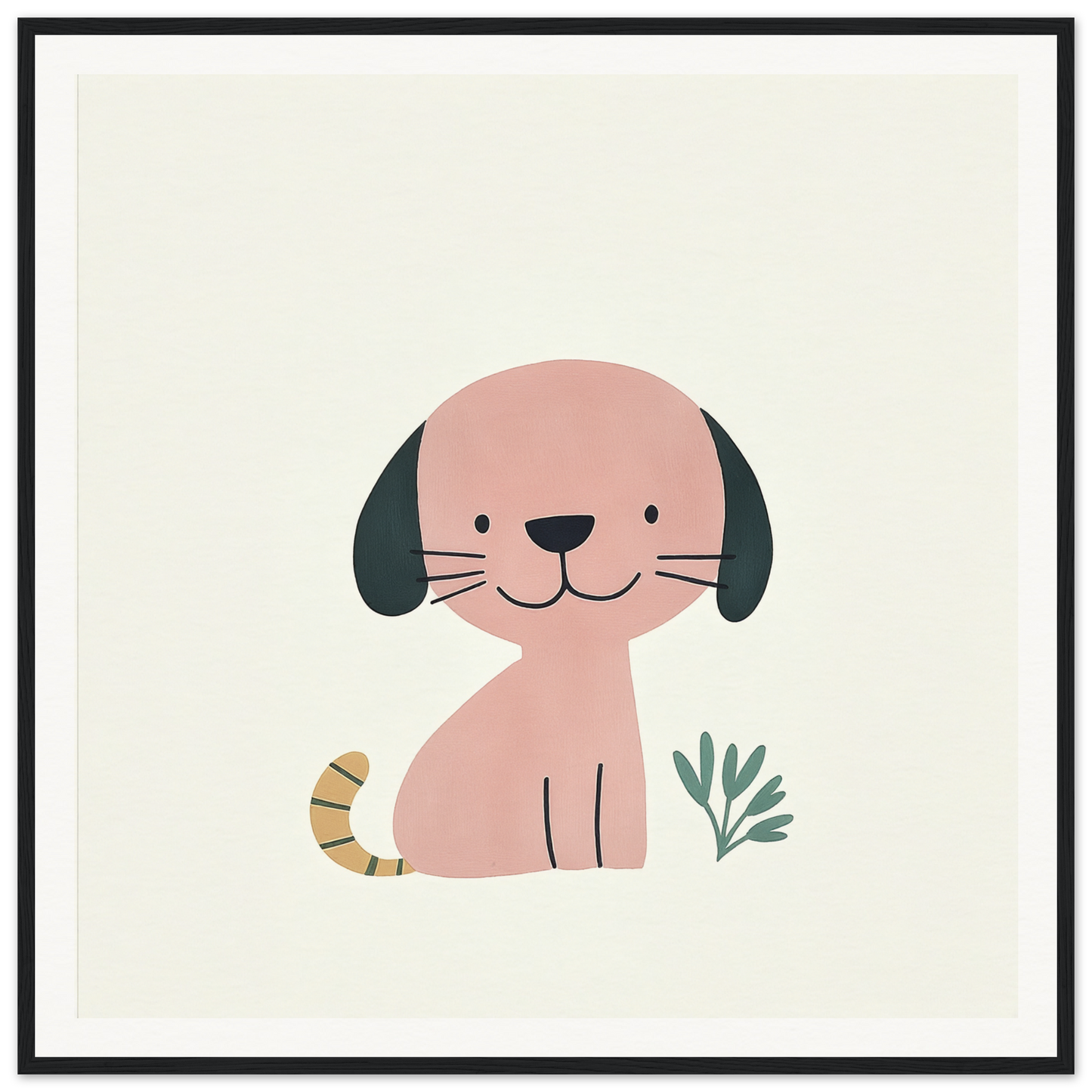 Pink cartoon dog with black floppy ears, striped tail from Township Canine Yawn