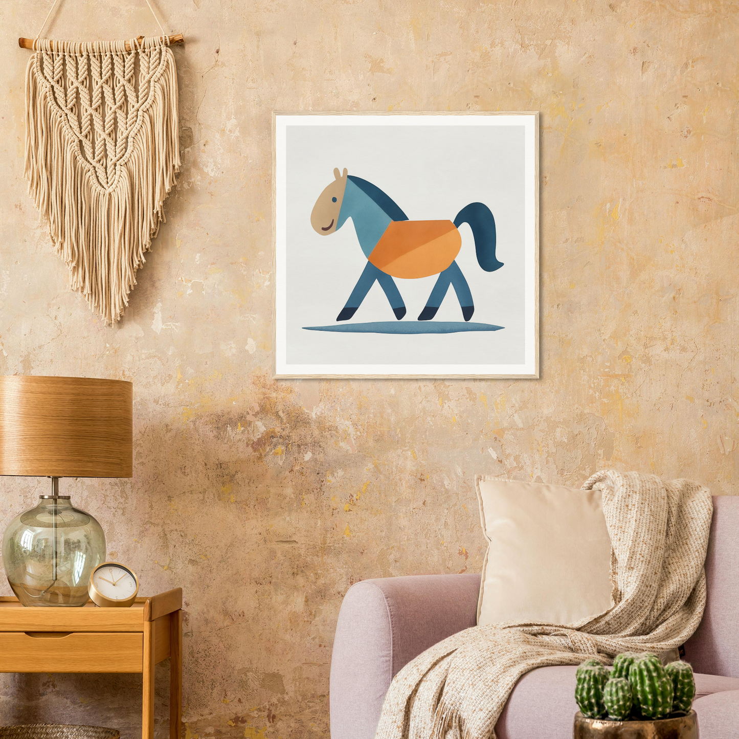 Stylized illustration of a horse in blue and orange for Tranquil Trotting Majesty