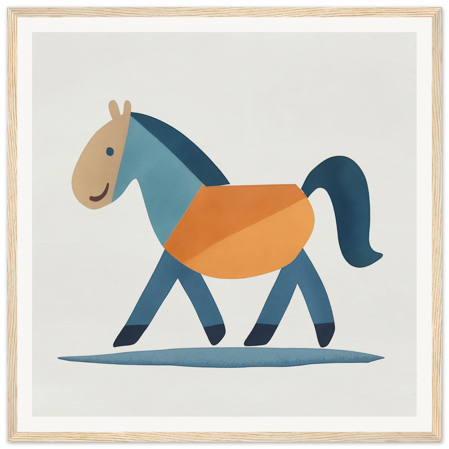 Stylized cartoon horse in blue and orange for Tranquil Trotting Majesty art