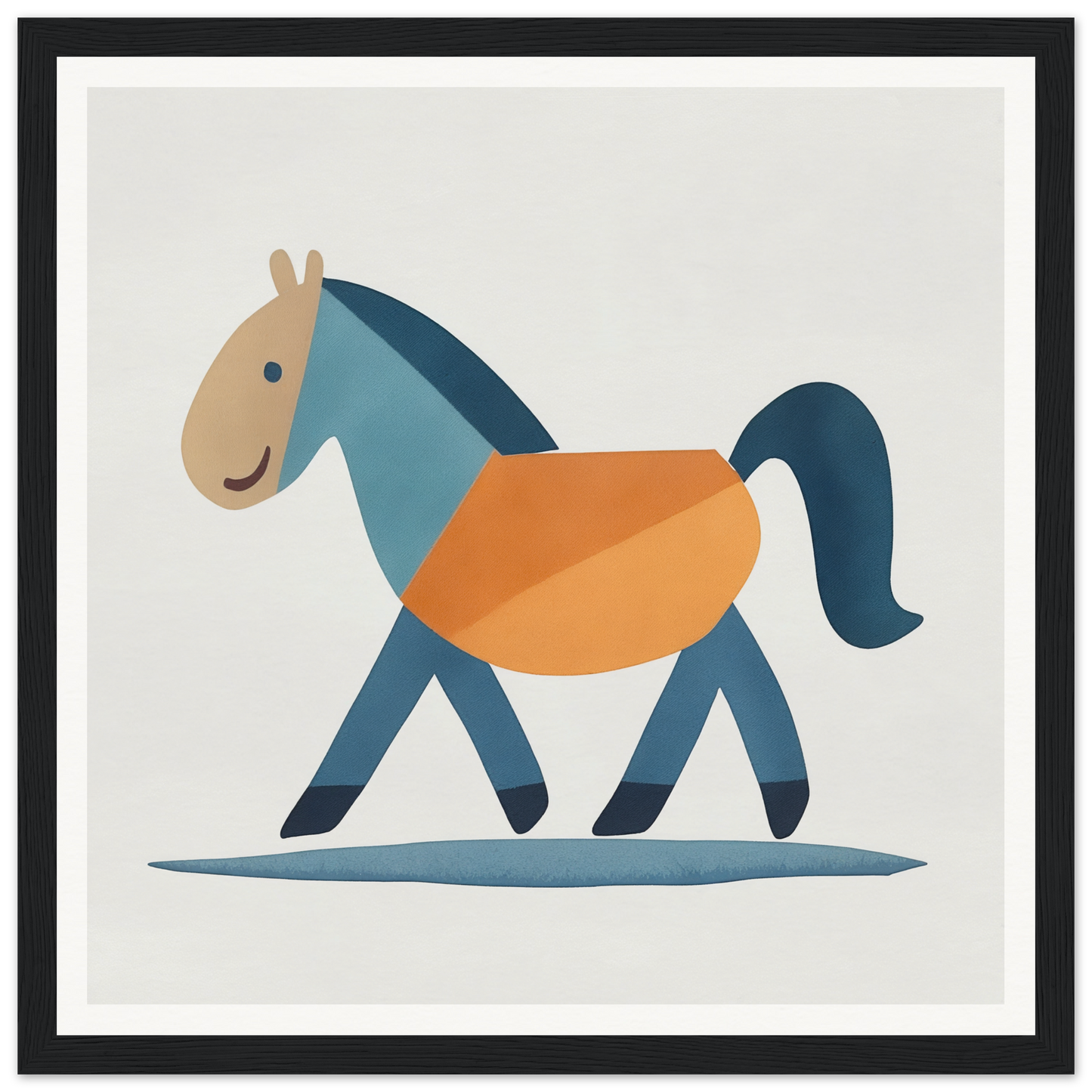 Stylized cartoon horse in blue and orange, representing Tranquil Trotting Majesty