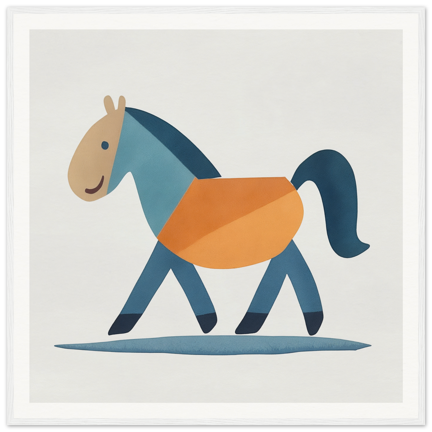 Stylized cartoon horse in blue and orange colors representing Tranquil Trotting Majesty