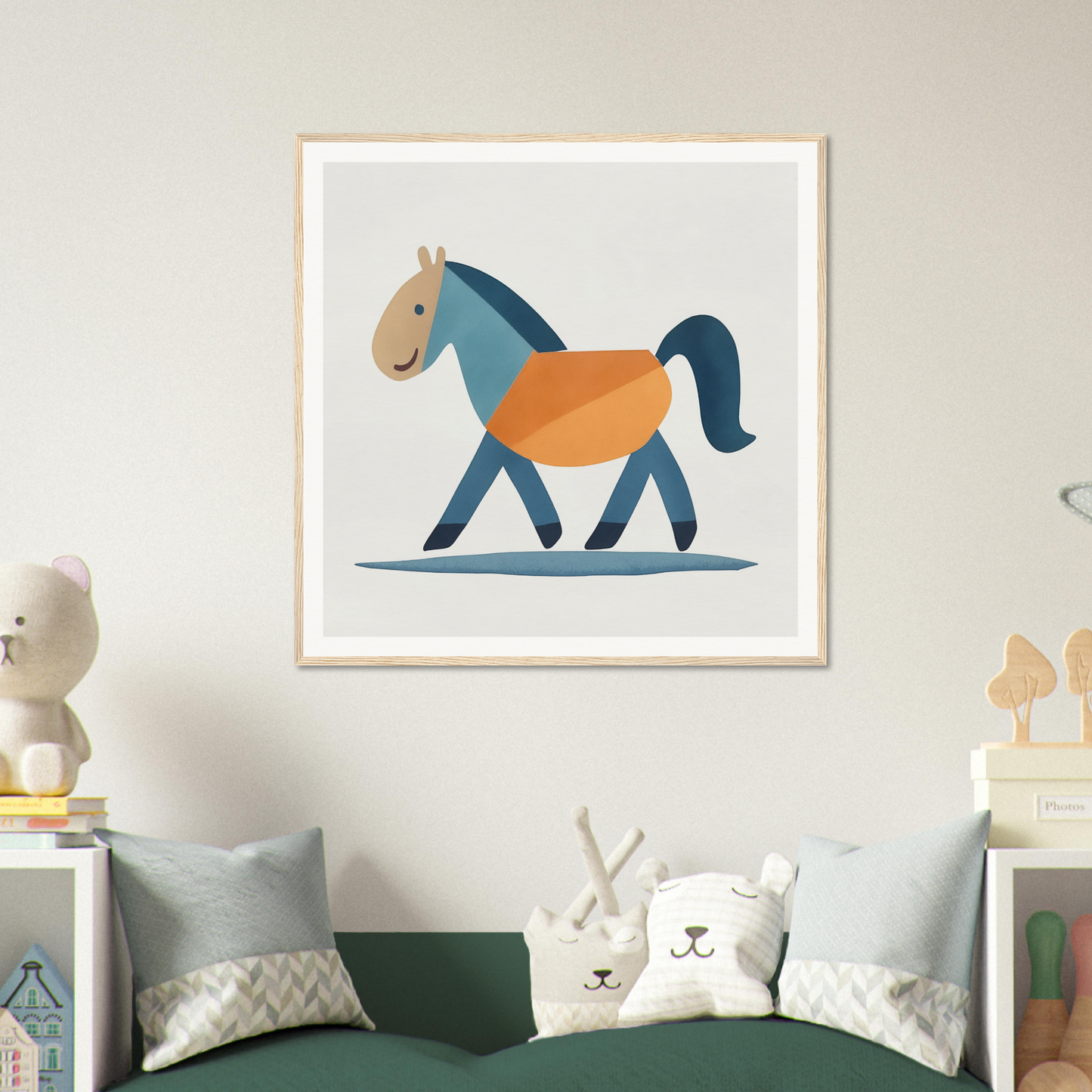 Simple cartoon illustration of a blue horse in an orange blanket from Tranquil Trotting Majesty