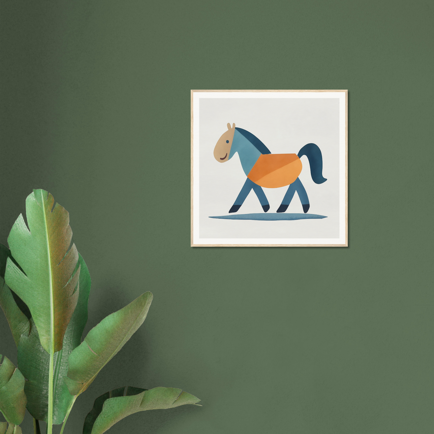 Simple cartoon illustration of a horse in blue and orange from Tranquil Trotting Majesty