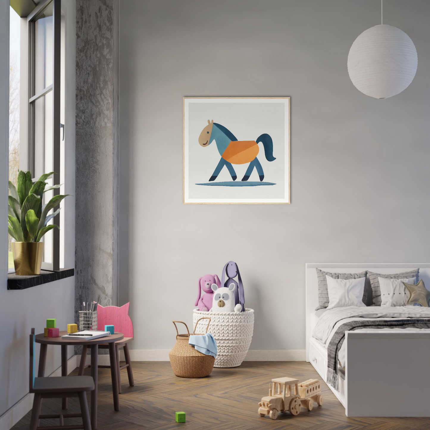 Simple illustration of a brown horse with a blue mane for Tranquil Trotting Majesty