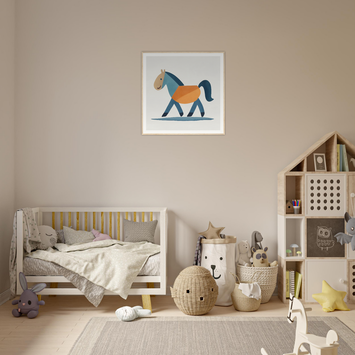 Framed illustration of a blue and tan horse in geometric style, Tranquil Trotting Majesty