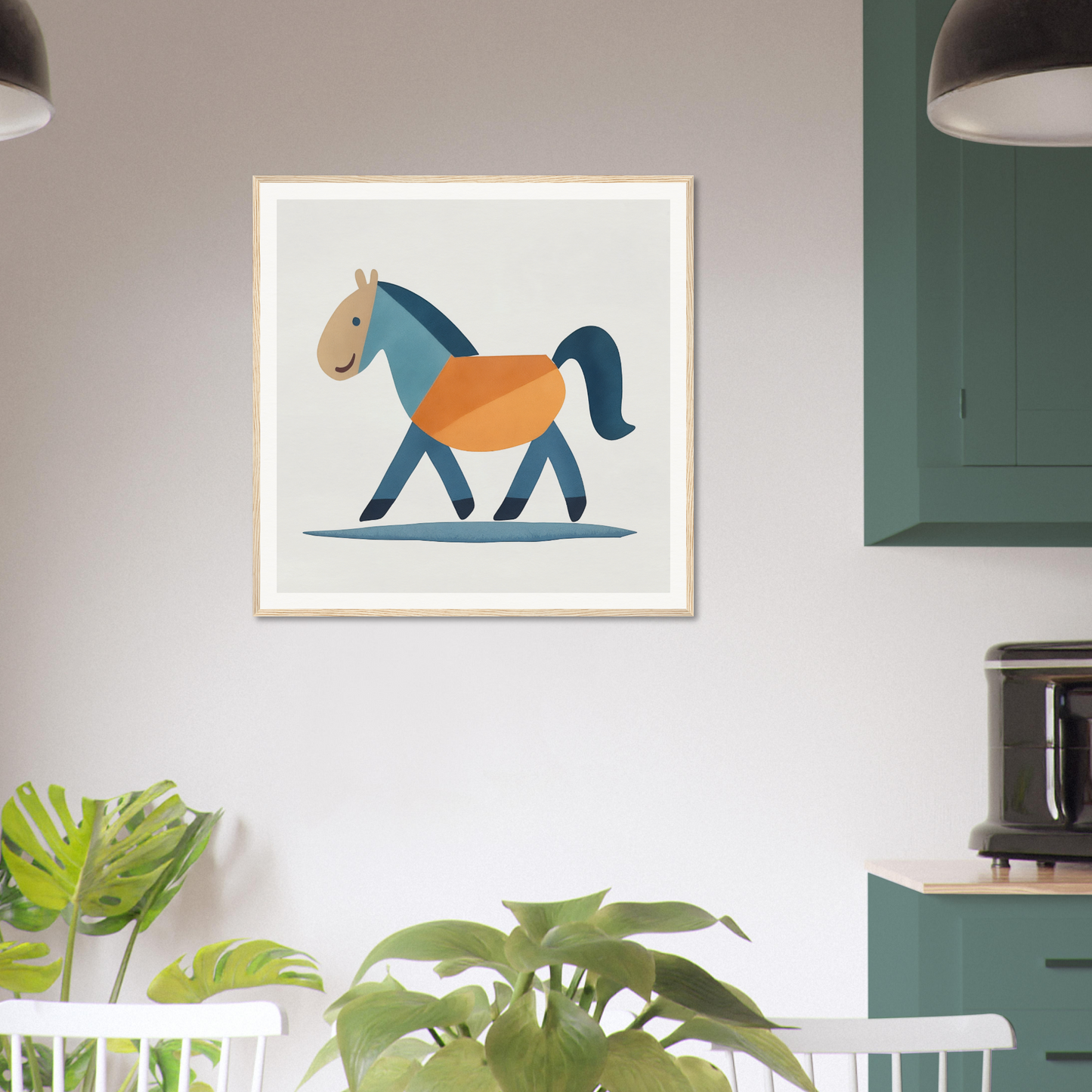 Simple cartoon illustration of a horse in blue and orange for Tranquil Trotting Majesty