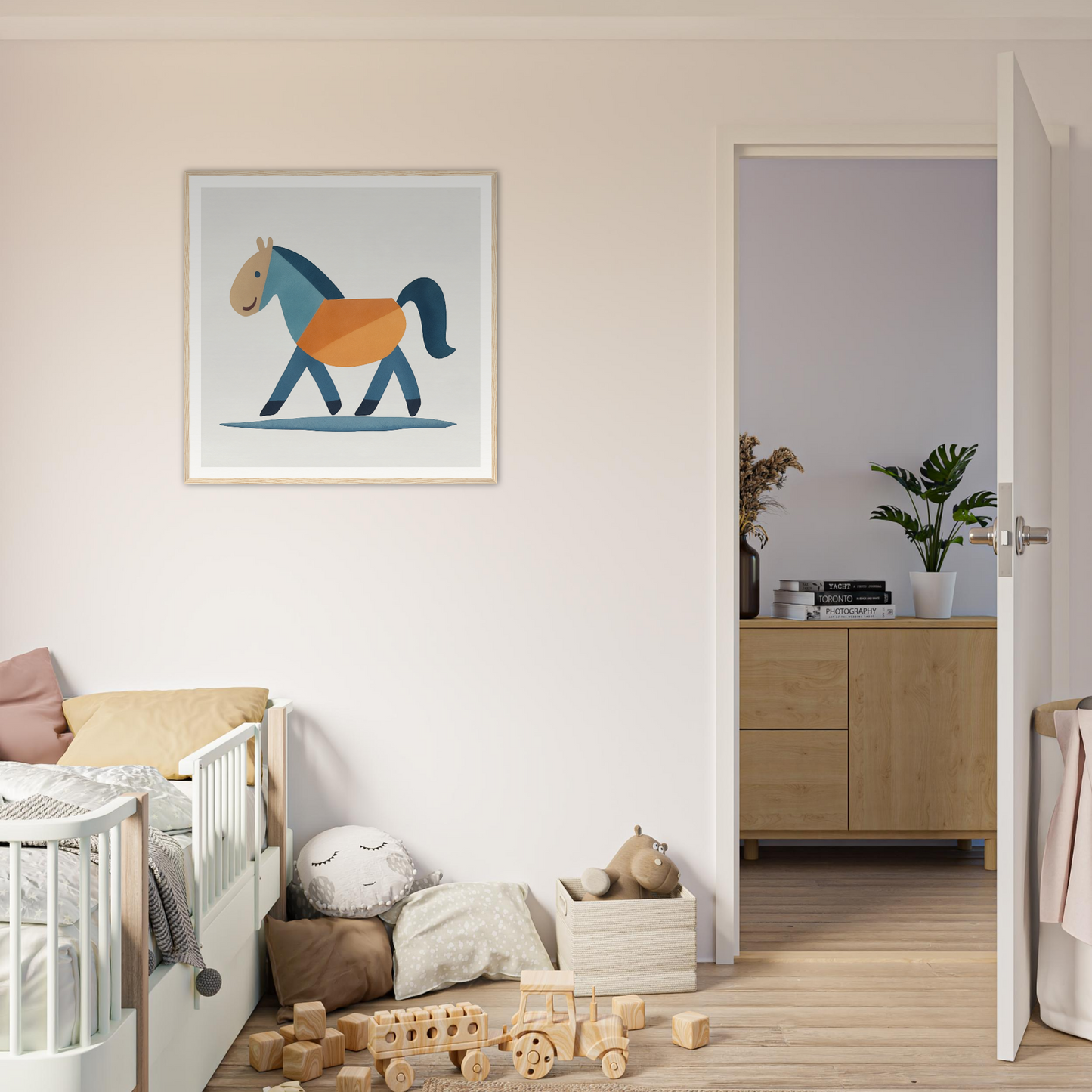 Stylized horse illustration in blue and orange for Tranquil Trotting Majesty decor