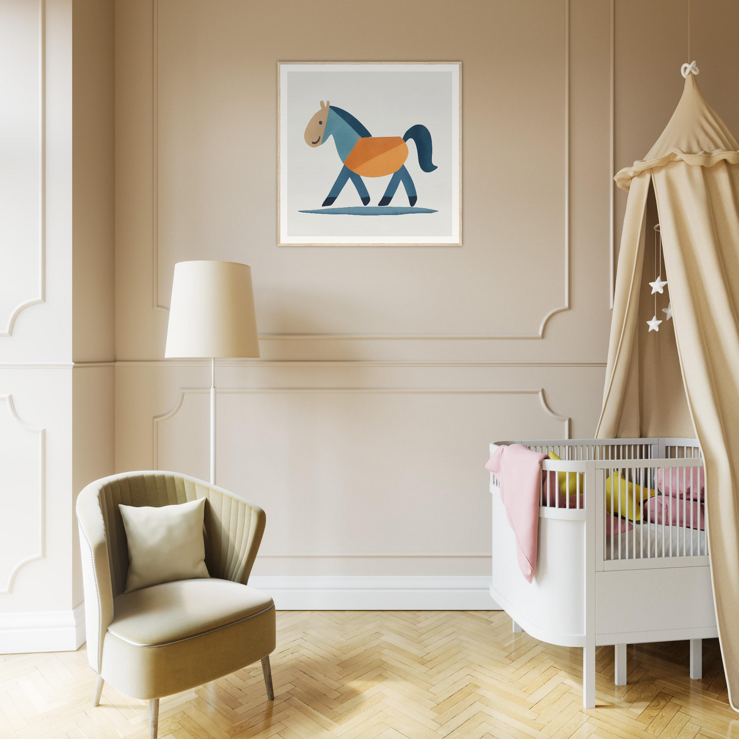Stylish nursery featuring Tranquil Trotting Majesty artwork, armchair, and white crib