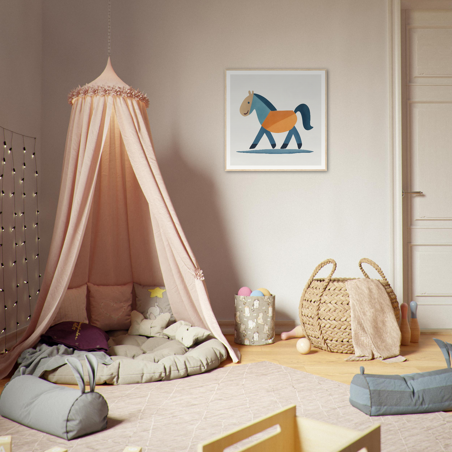 Pink canopy tent with draped fabric and cushions for Tranquil Trotting Majesty