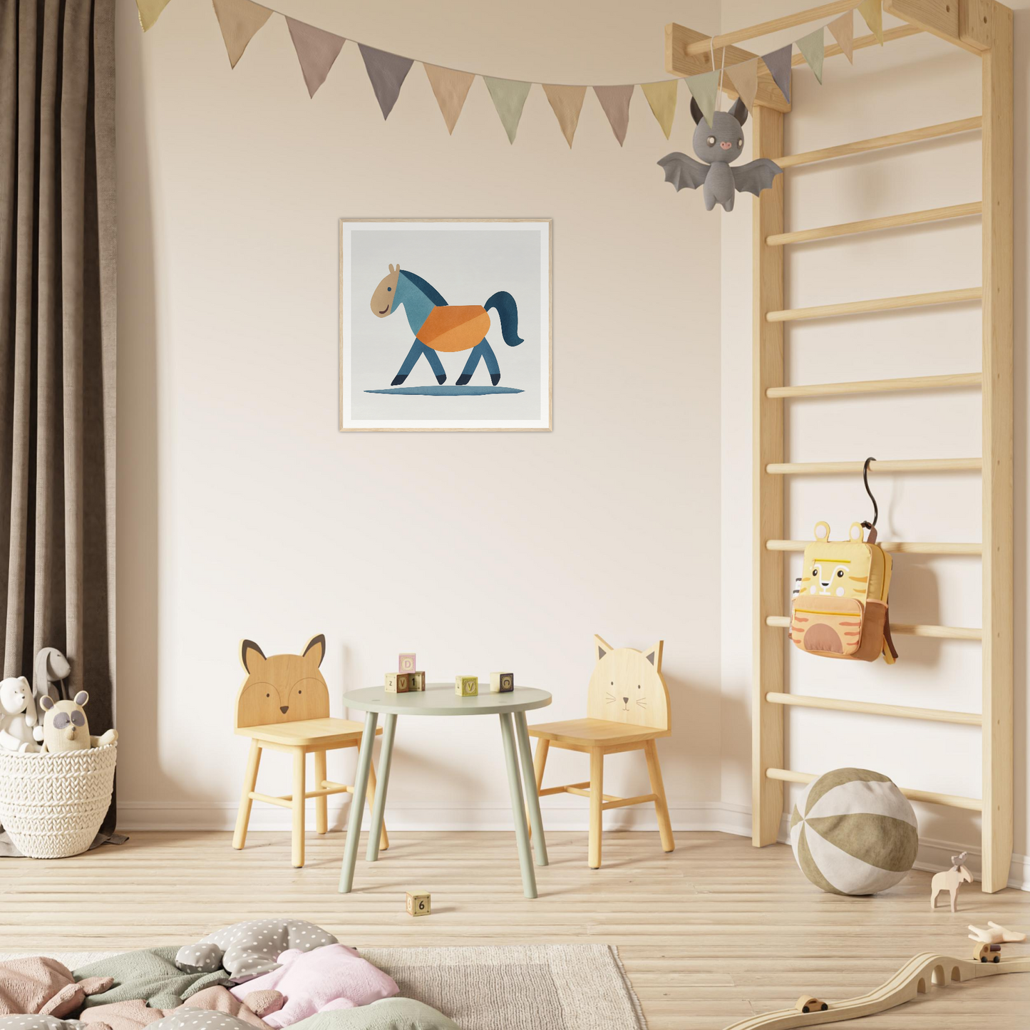 Children’s play area featuring animal-themed chairs and table from Tranquil Trotting Majesty