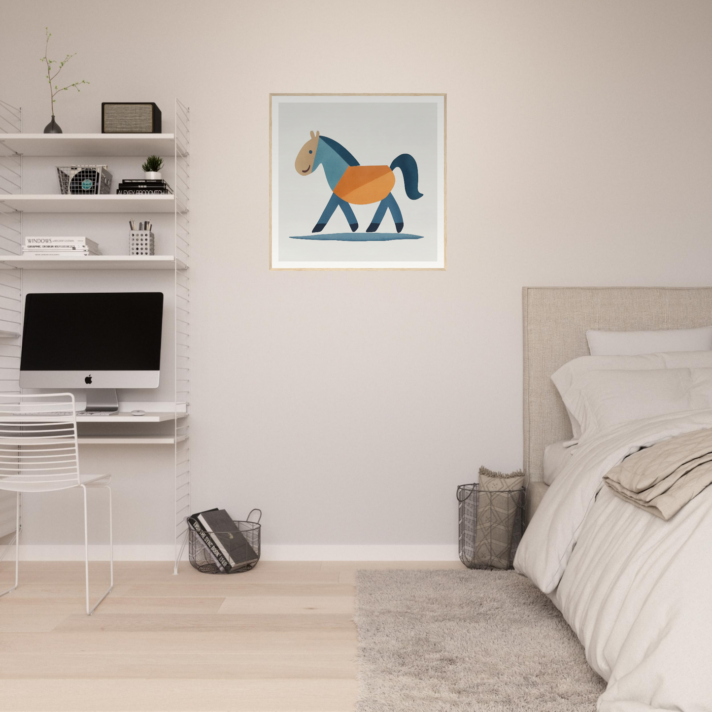 Minimalist bedroom featuring Tranquil Trotting Majesty art, floating shelves, and an iMac