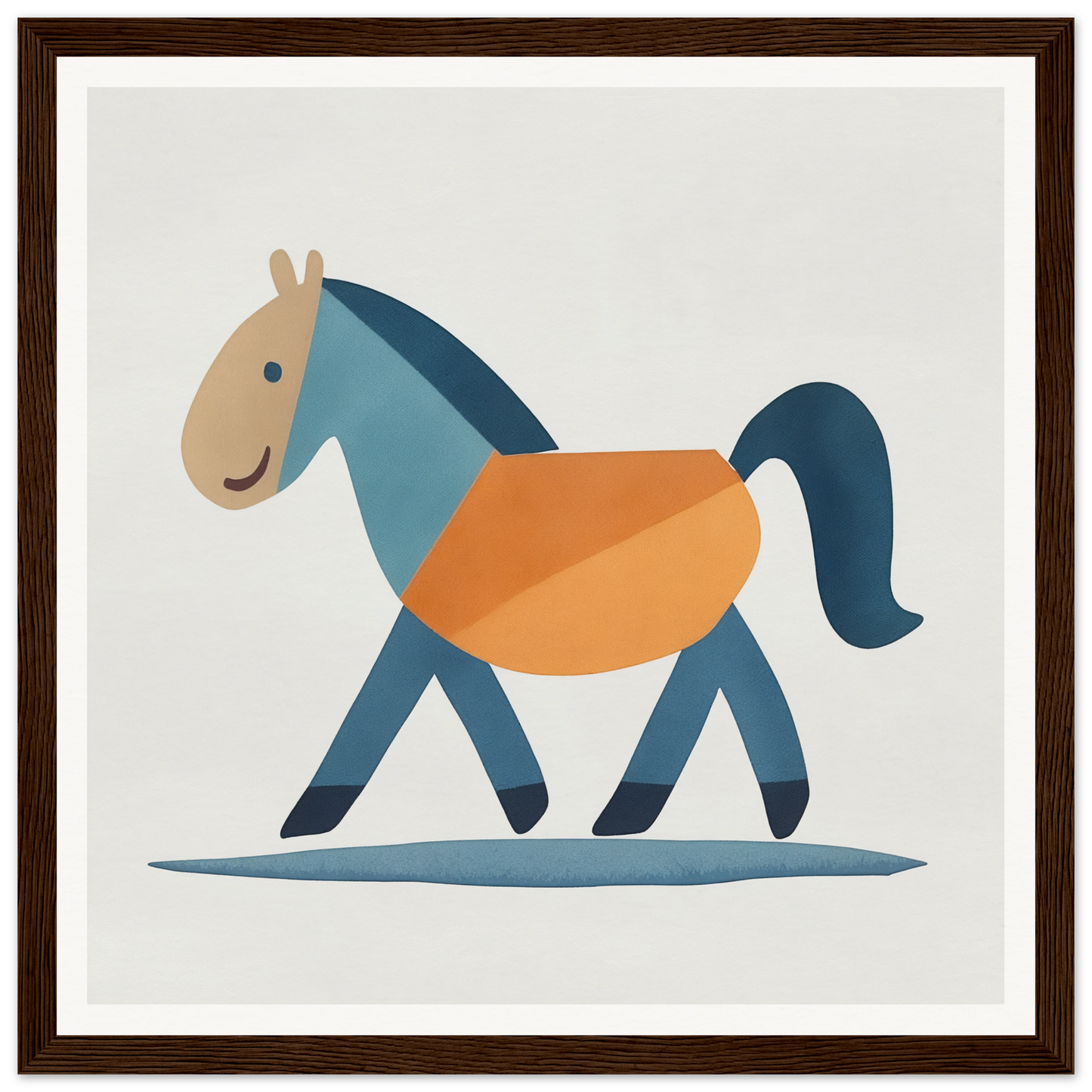 Stylized cartoon horse in blue and orange colors for Tranquil Trotting Majesty