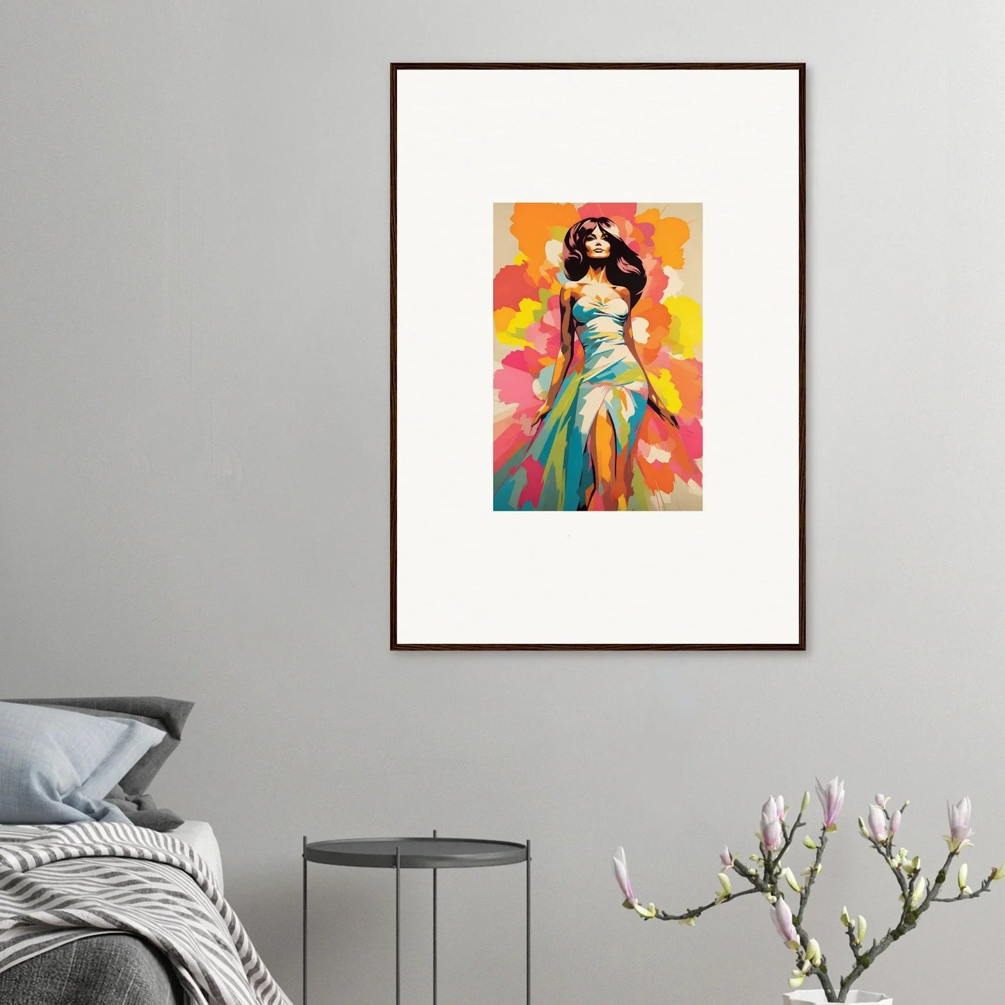 Framed artwork of Transcendent Chromatic Muse with vibrant colors and flowing dress