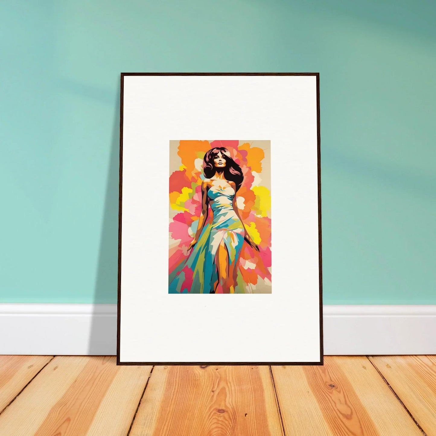 Framed artwork of a colorful figure in a turquoise dress from Transcendent Chromatic Muse
