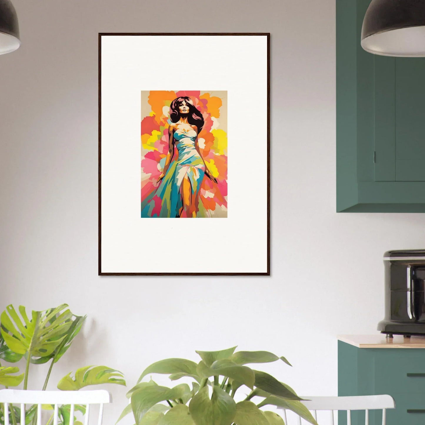 Framed artwork of a colorful fashion figure in flowing dress from Transcendent Chromatic Muse
