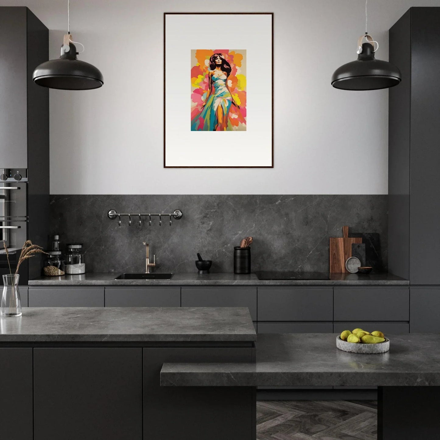 Modern dark gray kitchen featuring Chromatic Muse artwork and sleek black pendant lights