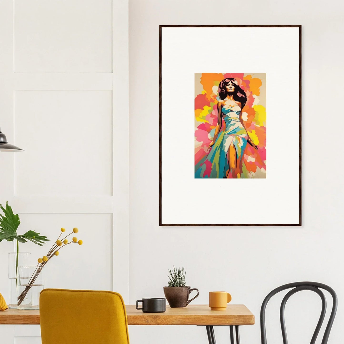 Framed artwork of a figure in turquoise dress on vibrant orange and pink for Transcendent Chromatic Muse