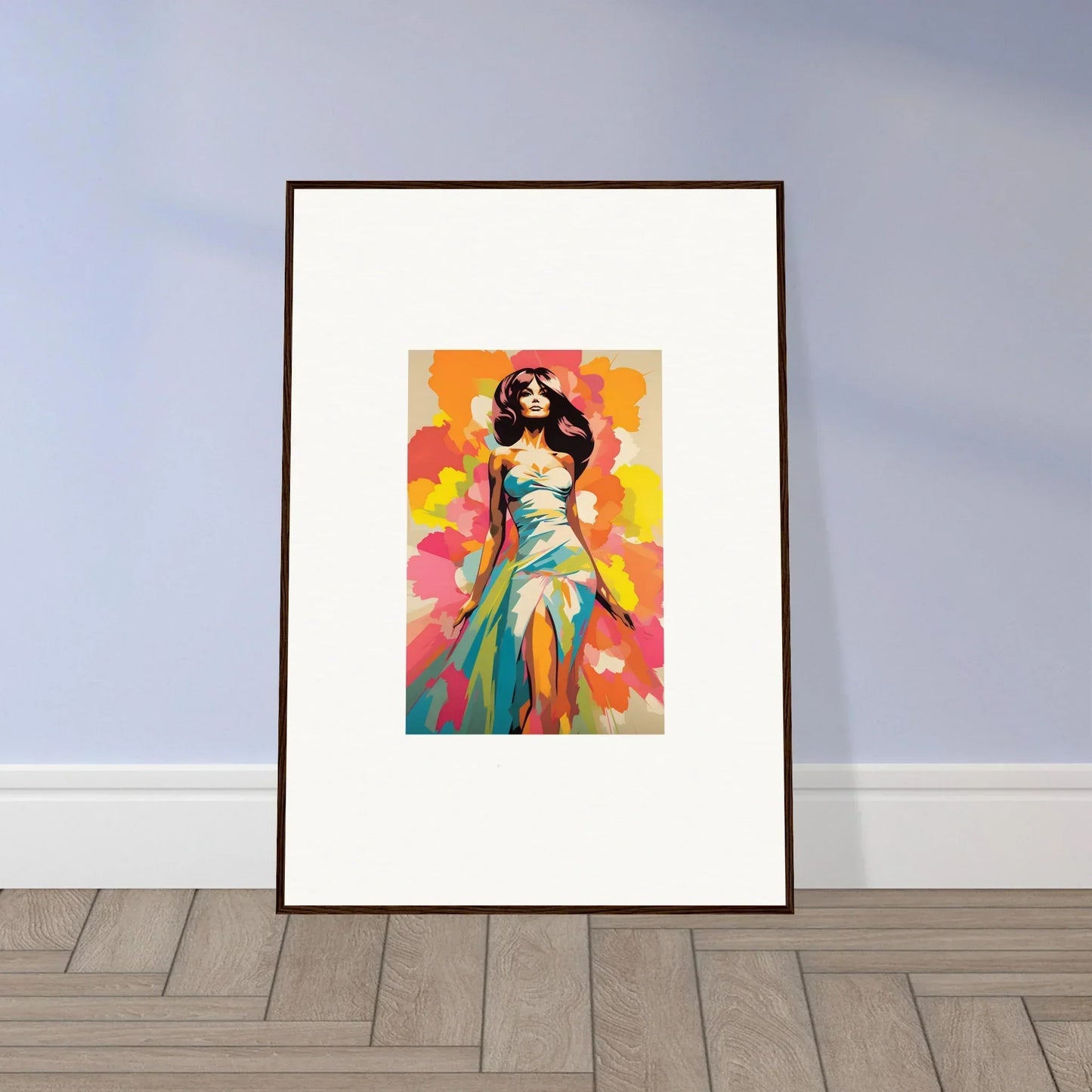 Framed artwork of a figure in a turquoise dress from Transcendent Chromatic Muse
