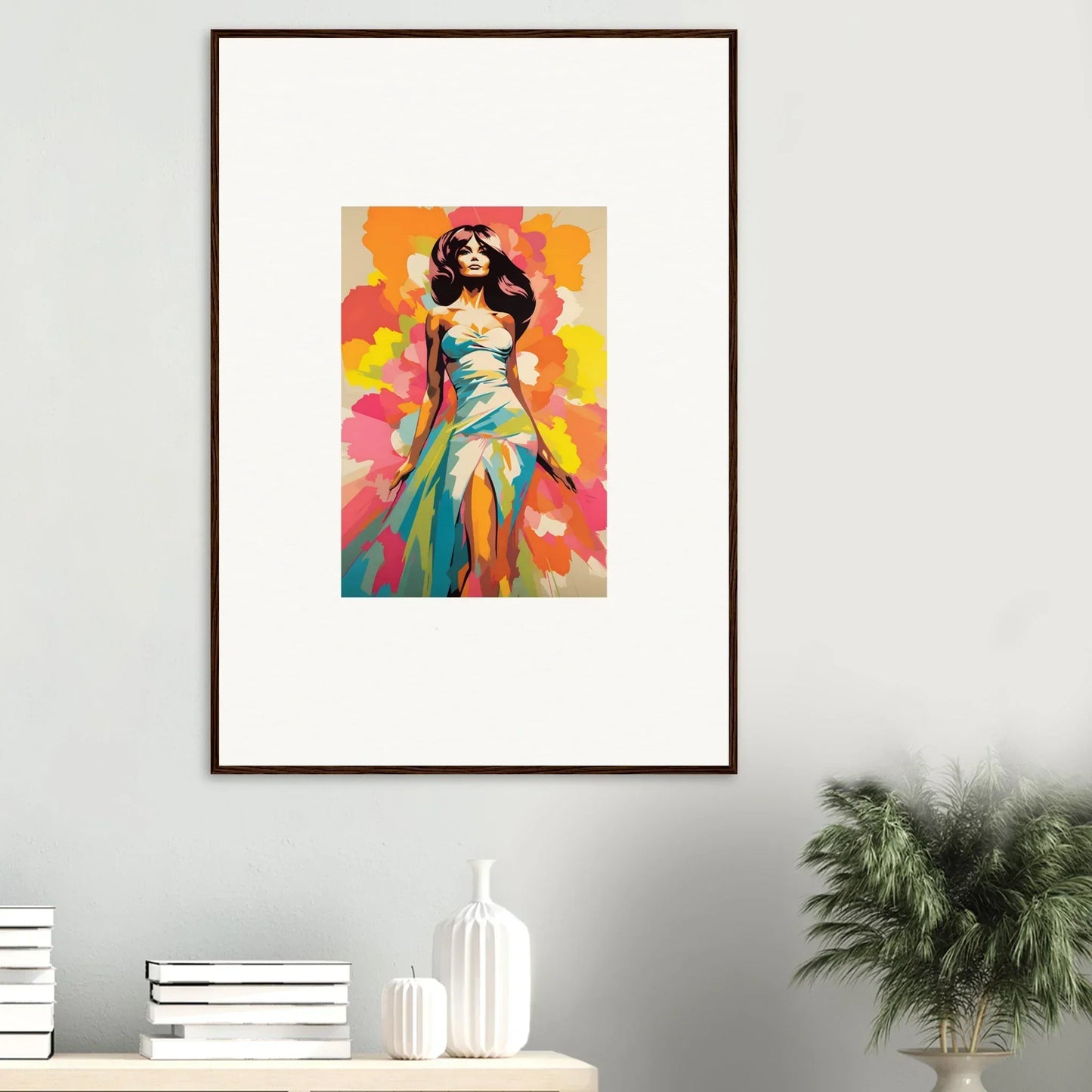Framed artwork of a woman in turquoise dress, part of the Transcendent Chromatic Muse