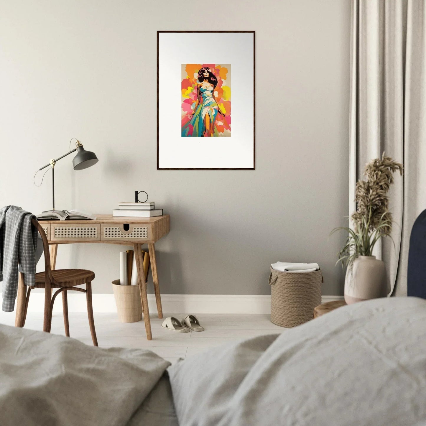 Framed colorful artwork of a figure in Asian dress, part of Transcendent Chromatic Muse