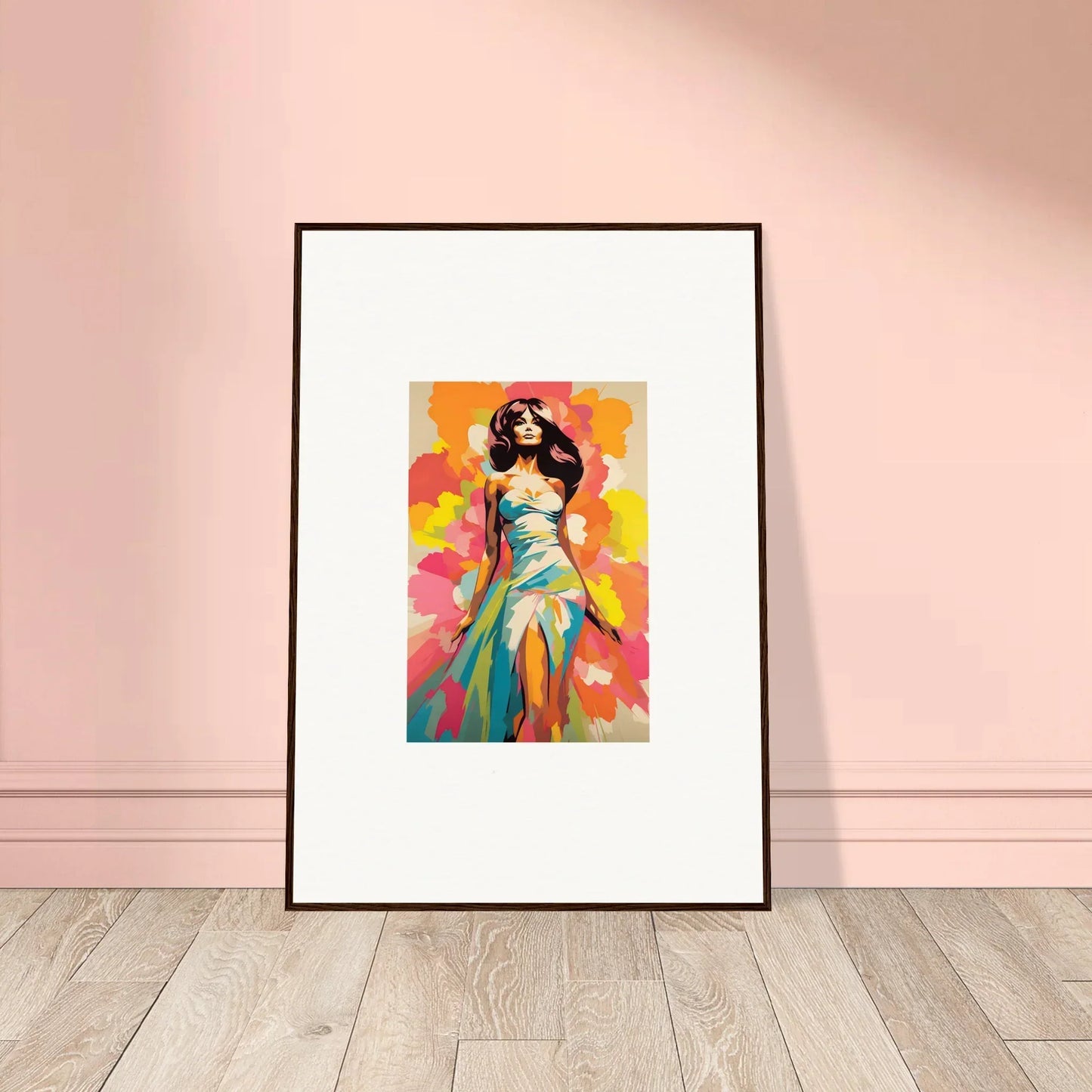 Framed art of a figure in a turquoise dress from the Transcendent Chromatic Muse collection
