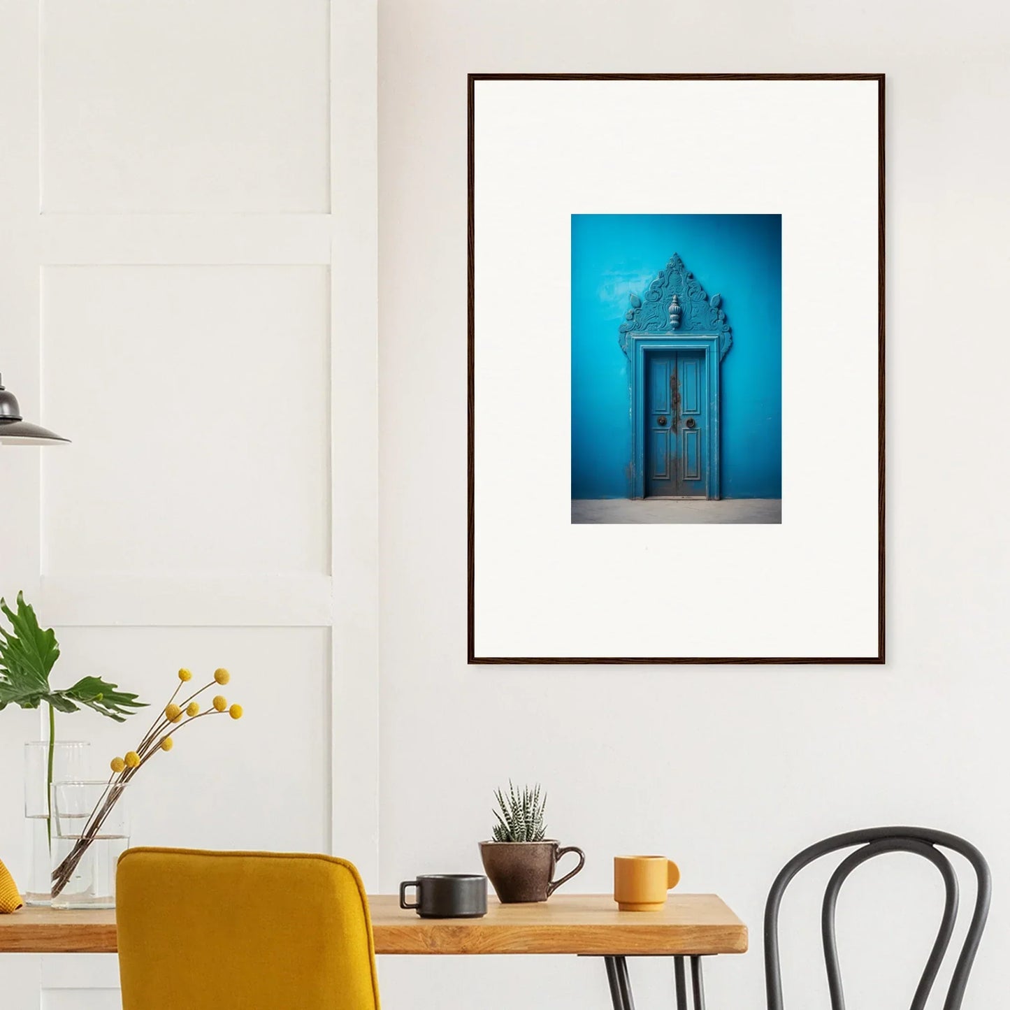 Framed art print of a bright blue ornate doorway from Transcendent Coral Whispers