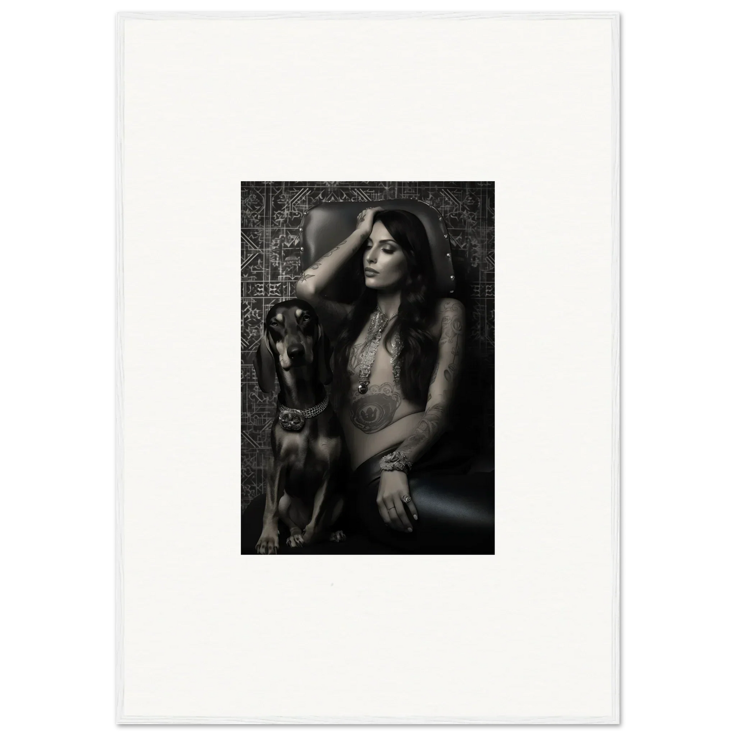 Black and white photograph of a woman posing with a dog.