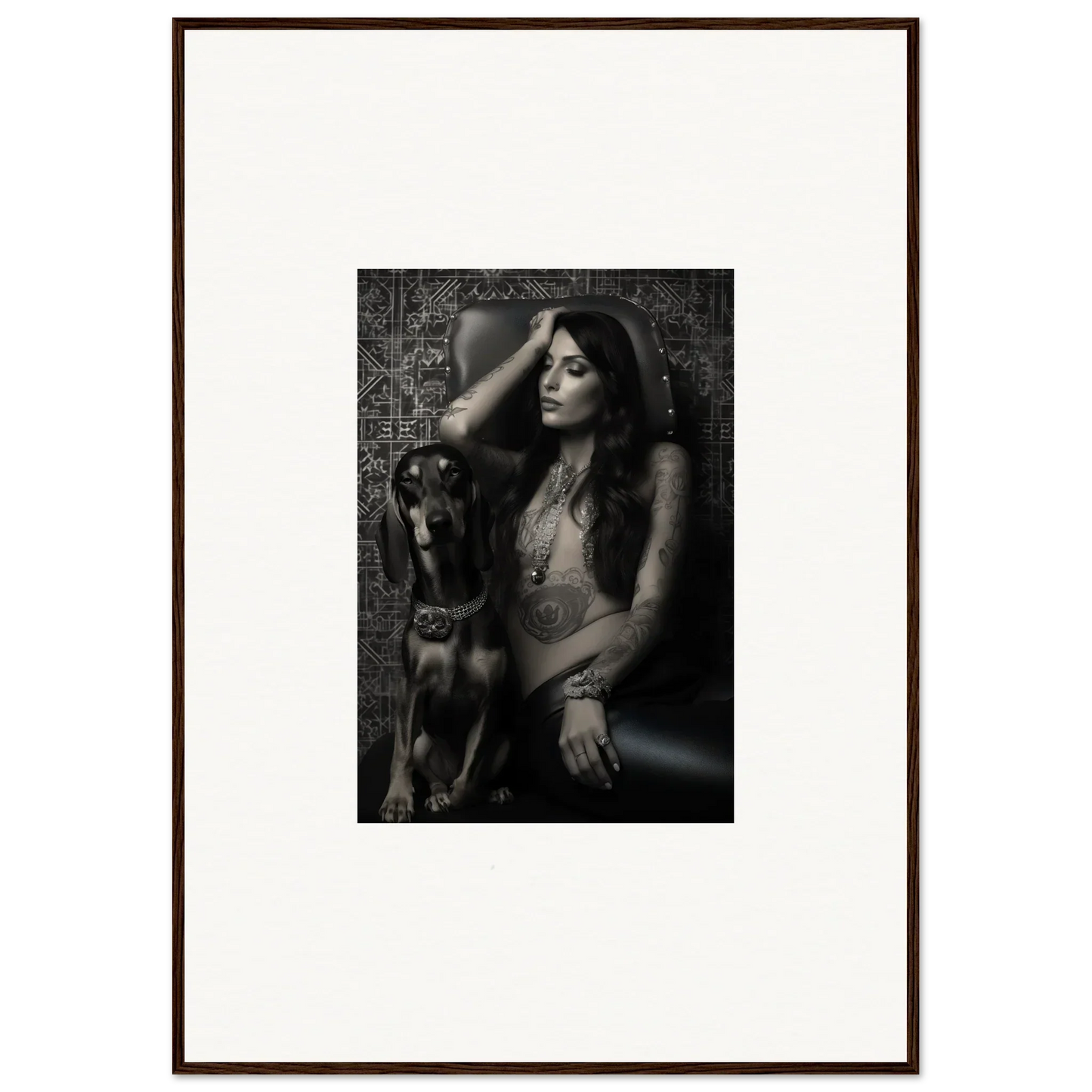 Black and white photograph of a woman posing with a dog.