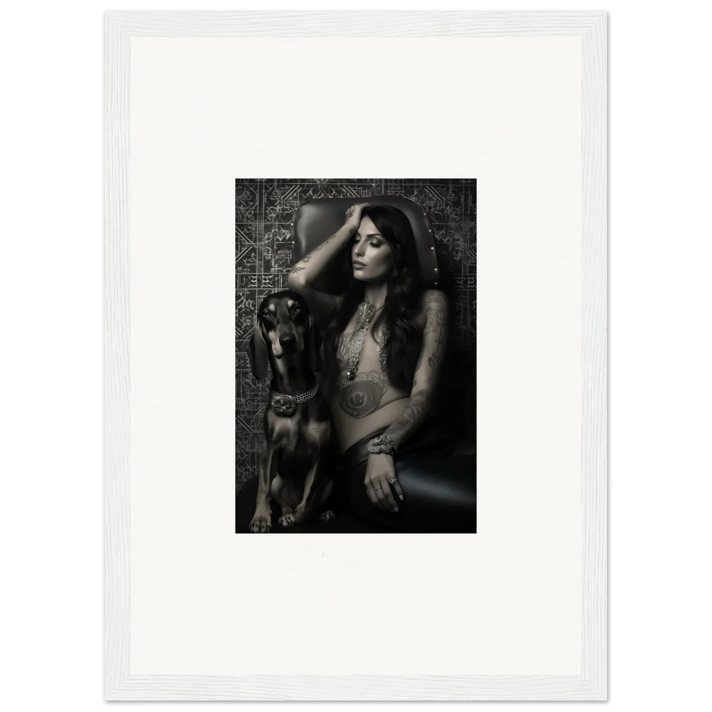Black and white photograph of a woman posing with a large dog.