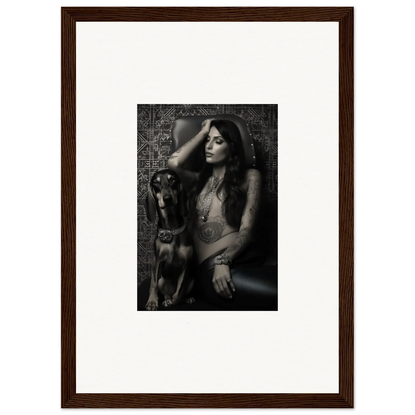 Black and white photograph of a woman posing with a dog.