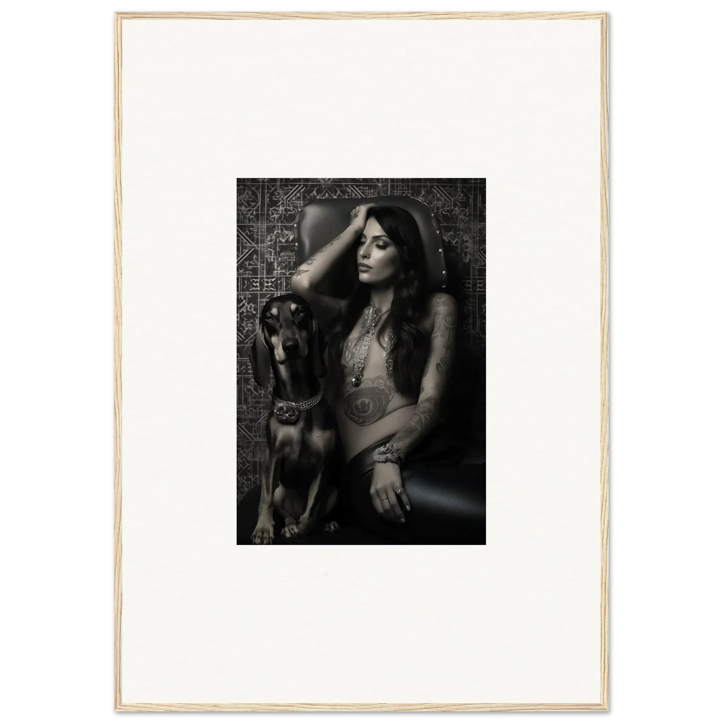 Black and white photograph of a woman posing with a dog.