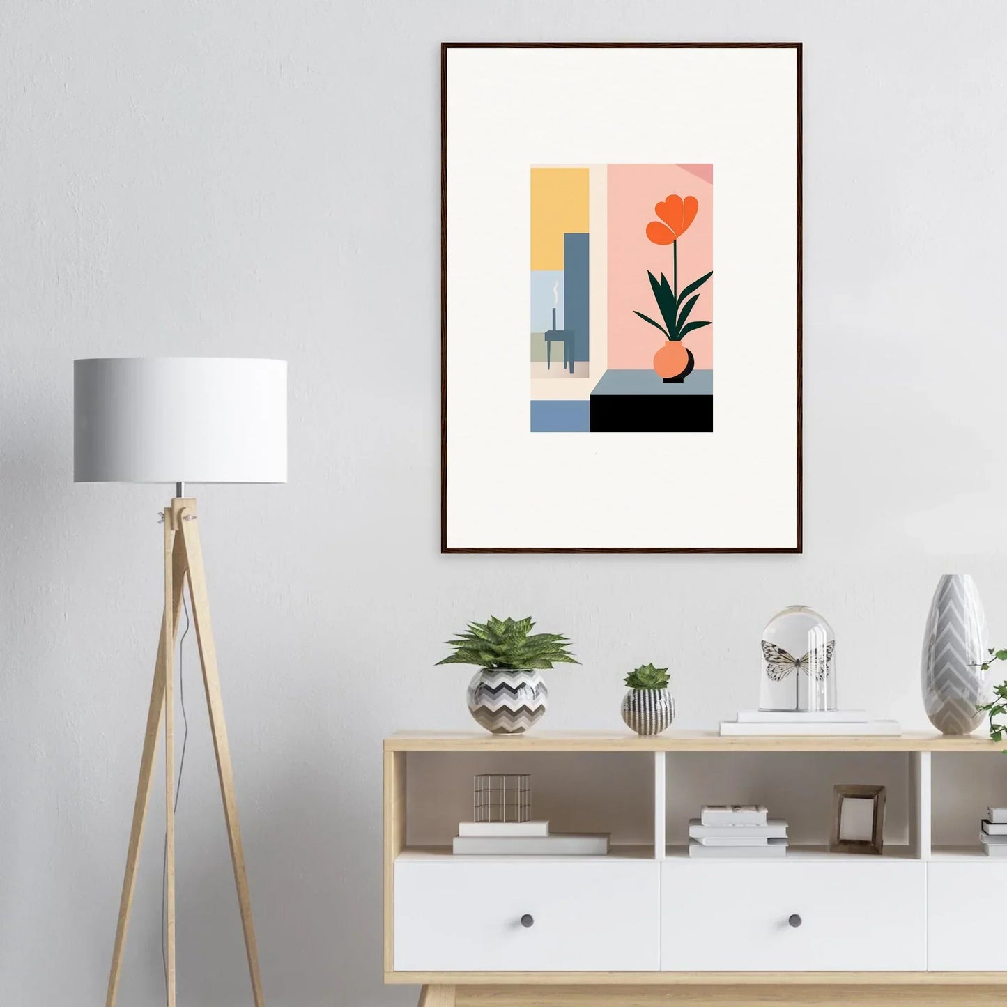 Framed abstract wall art with geometric shapes and a tulip, perfect for room decoration