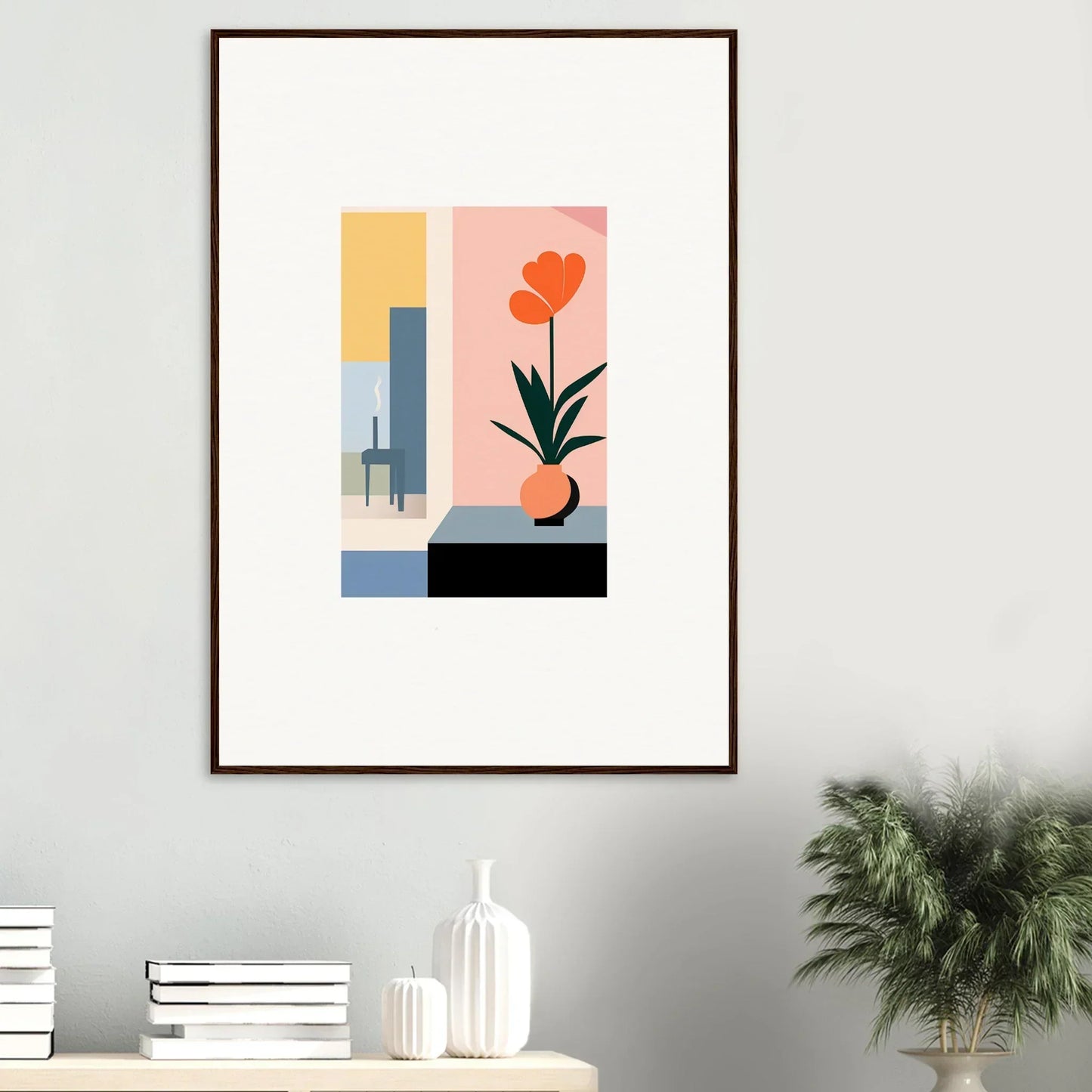 Framed abstract canvas print with geometric shapes and a stylish flower for room decoration
